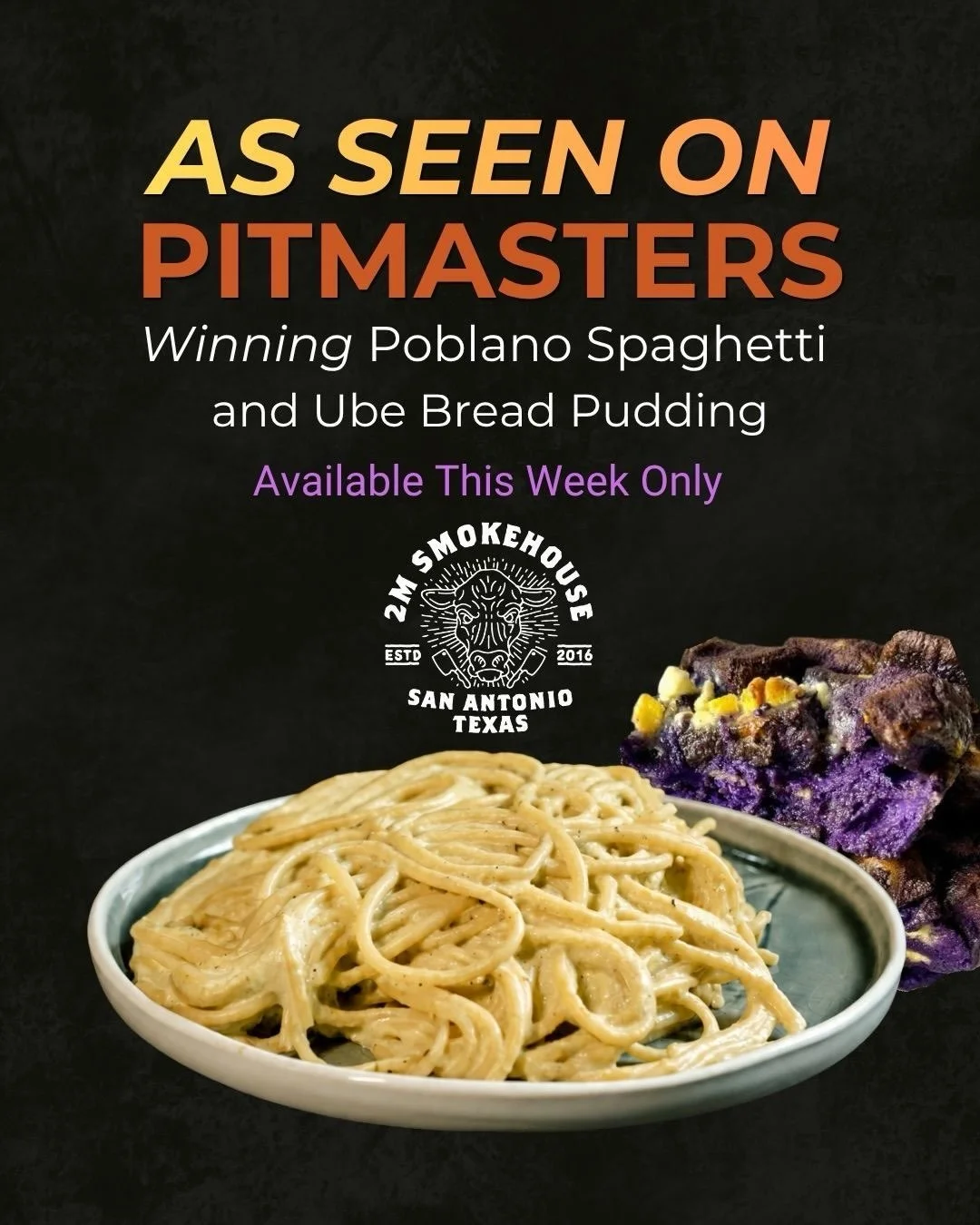 As Seen on Pitmasters 🏆
Starting tomorrow through Sunday, we&rsquo;re bringing the Episode 2 winning dishes straight from the competition to 2M!

The exact creamy poblano spaghetti that helped Team 2M earn the win in Episode 2 of Pitmasters. Fire-ro