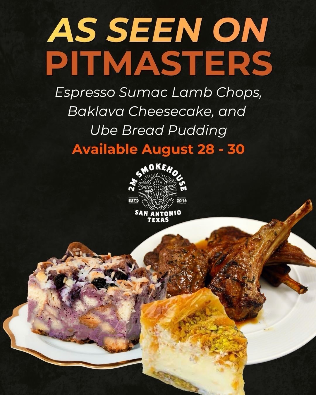 Starting TODAY through Sunday, we&rsquo;re bringing back three dishes from the competition:

🍖 Espresso Sumac Lamb Chops
🍰 Baklava Cheesecake
💜 Ube Bread Pudding

Available August 28&ndash;30 only, while supplies last. Come try them while you can!