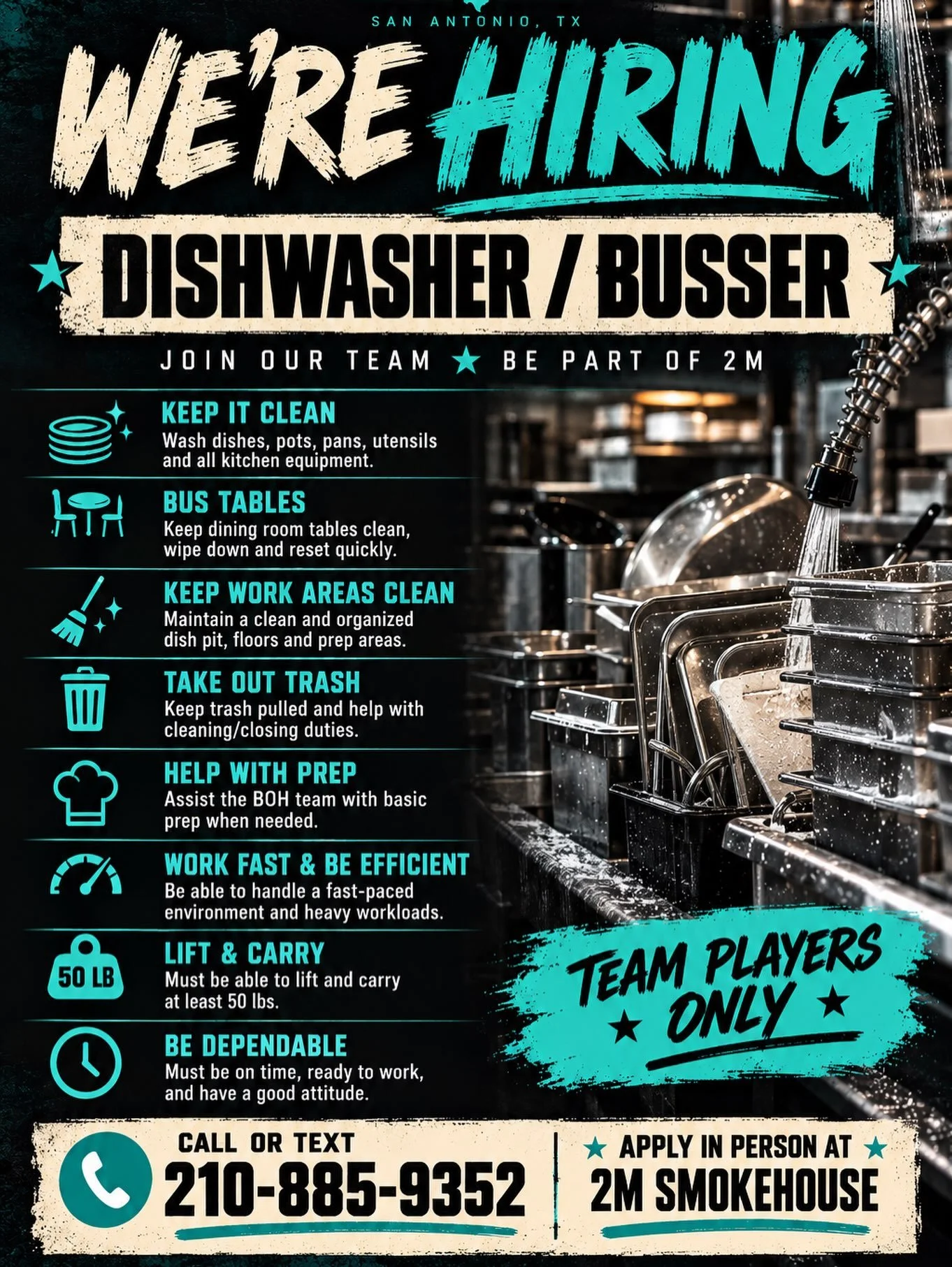 🚨 WE&rsquo;RE HIRING &mdash; DISHWASHER / BUSSER 🚨 

2M Smokehouse is looking for somebody who can move fast, stay clean, show up on time and work hard.

Duties include washing dishes, bussing and resetting tables, keeping the dish and work areas c