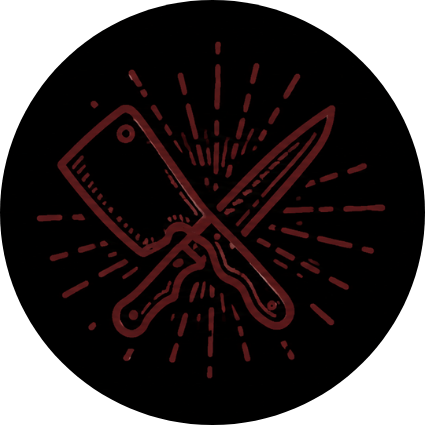 Line drawing of a meat cleaver and a chef's knife crossed, with radiating lines behind them, on a black background.
