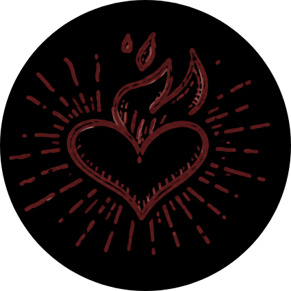 A red heart with flames and radiating lines on a black background.