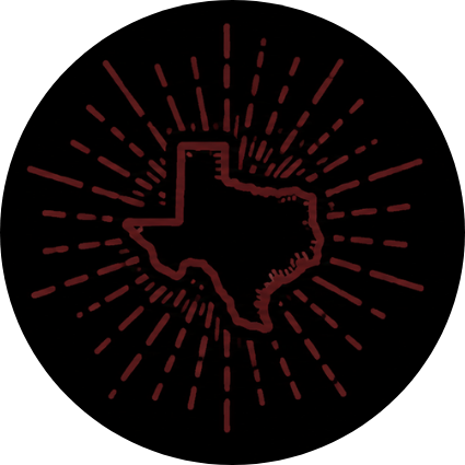 Outline of the state of Texas with radiating lines behind it on a black background.