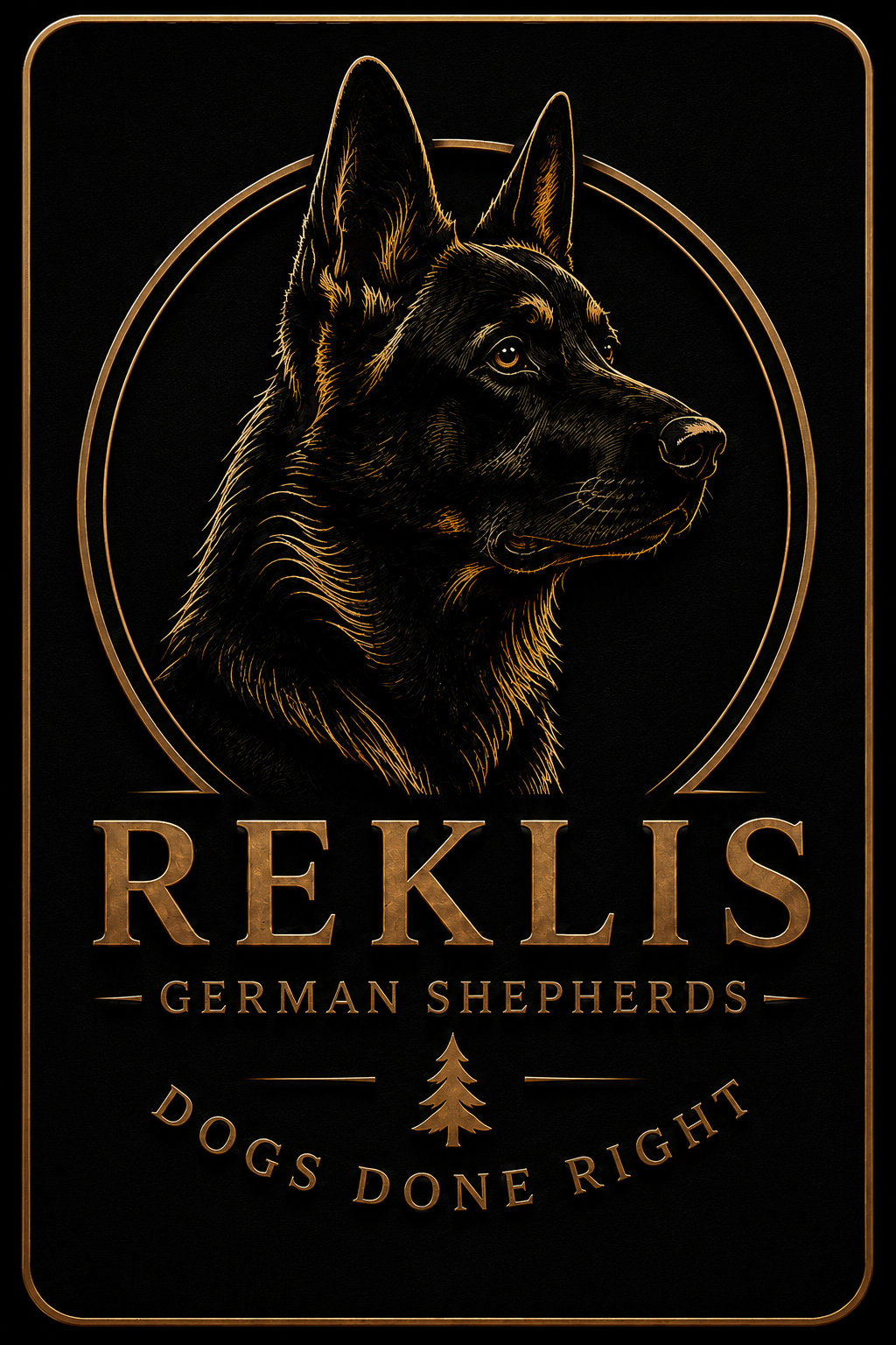Reklis German Shepherds logo featuring a German Shepherd and the Dogs Done Right motto.