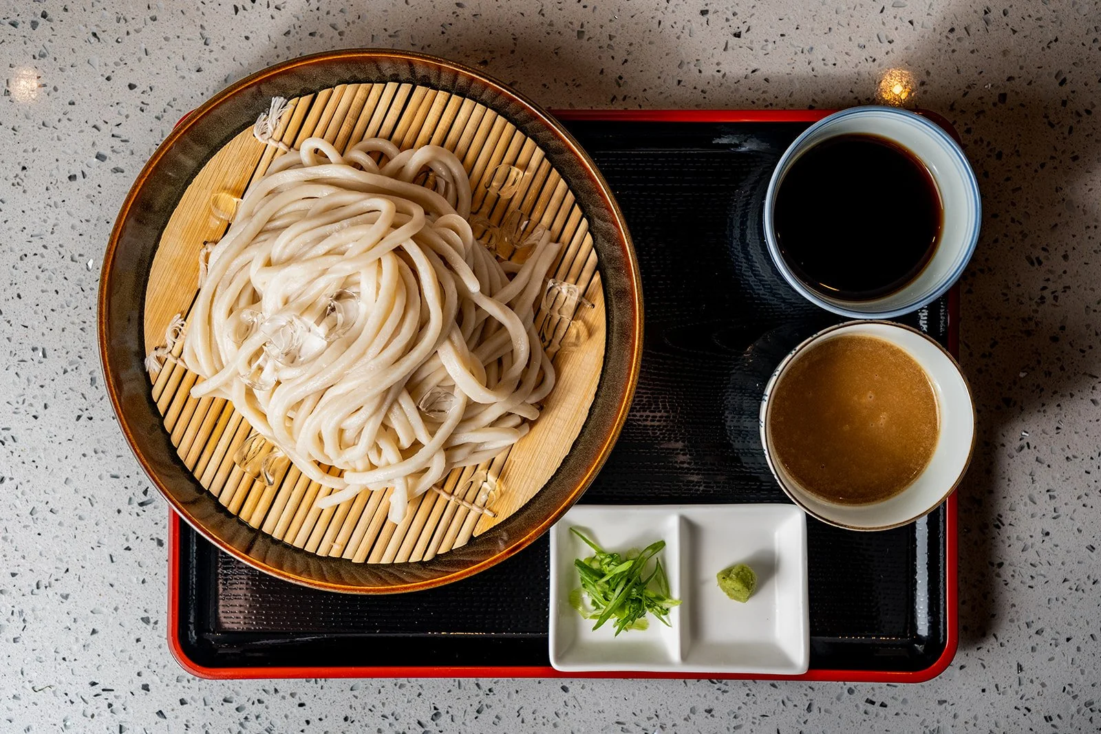 Zaru Udon (cold dipping udon) |
house udon + tsuyu & goma sauce served on the side + scallion + fresh wasabi
$13.00