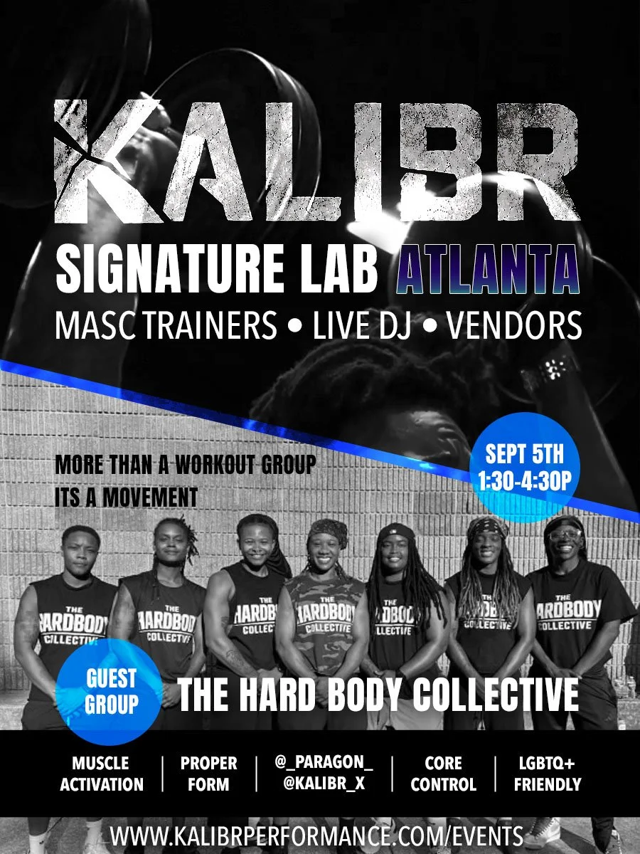 Event poster for Kaliber Signature Lab Atlanta featuring the Hard Body Collective, scheduled for September 5th from 1:30 to 4:30 PM. Includes a black and white group photo of women in workout gear, with bold text highlighting activities like muscle activation, proper form, core control, and LGBTQ+ friendliness.