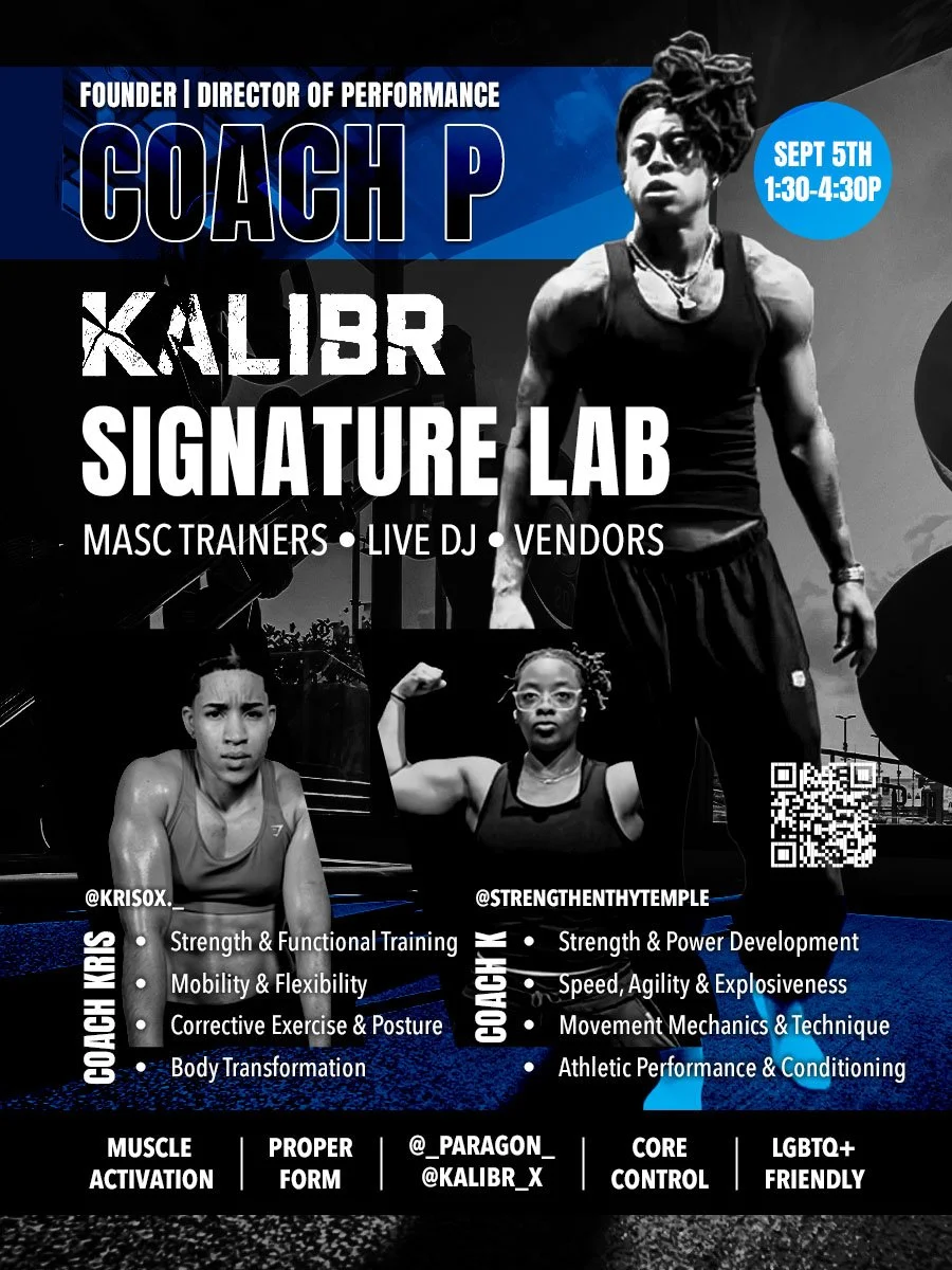 Advertisement for a fitness event called Signature Lab with Coach Kalibr, happening on September 5th from 1:30 to 4:30 PM. Featuring trainers KriSox and StrengthYTemple, with activities such as strength training, body transformation, power development, agility, and athletic conditioning. Includes details about the trainers, their focus areas, and social media handles.