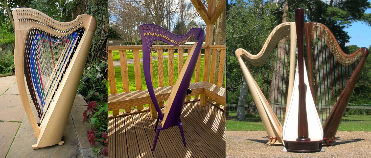 Three different harps, each photographed outdoors in different settings. The first is a large harp on a patio, the second is a purple harp on a wooden deck, and the third is a modern harp with a white and dark wood finish on a gravel area.