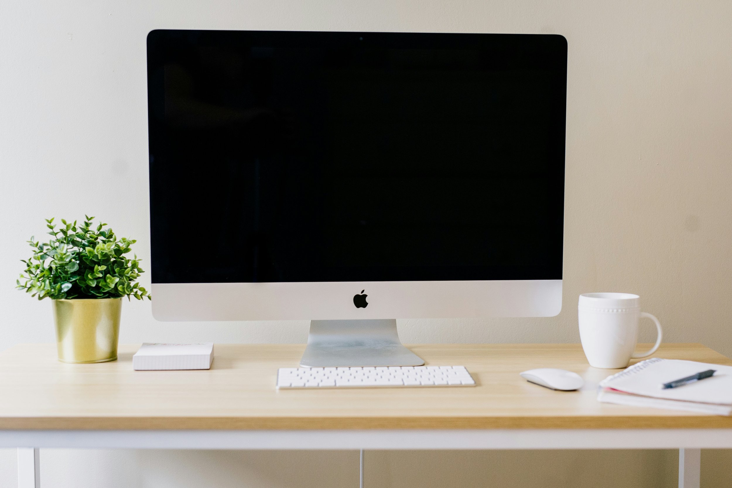 A workspace with an Apple iMac computer, a green potted plant, a white coffee mug, a notepad, a computer mouse, a keyboard, and some papers on a light wood desk against a plain white wall.