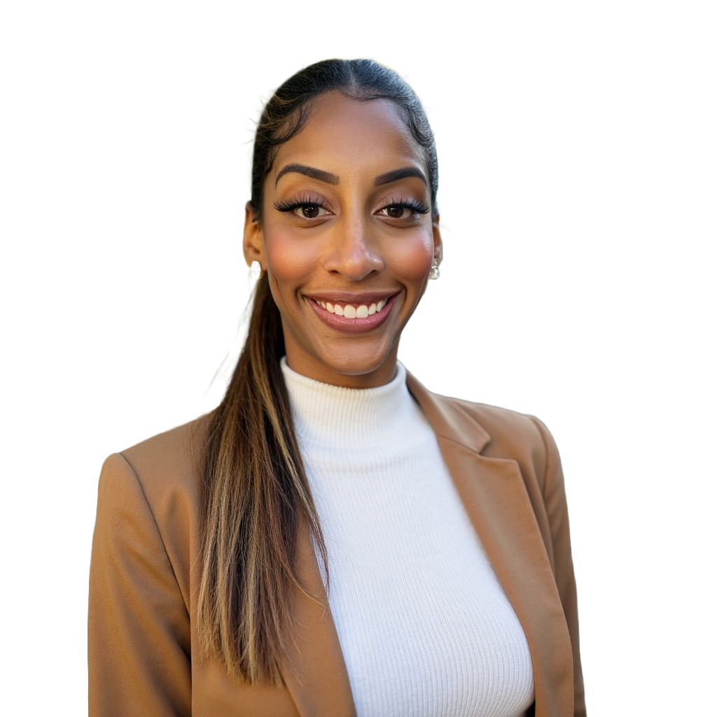 A smiling woman with long brown hair, wearing pearl earrings, a white turtleneck, and a tan blazer.