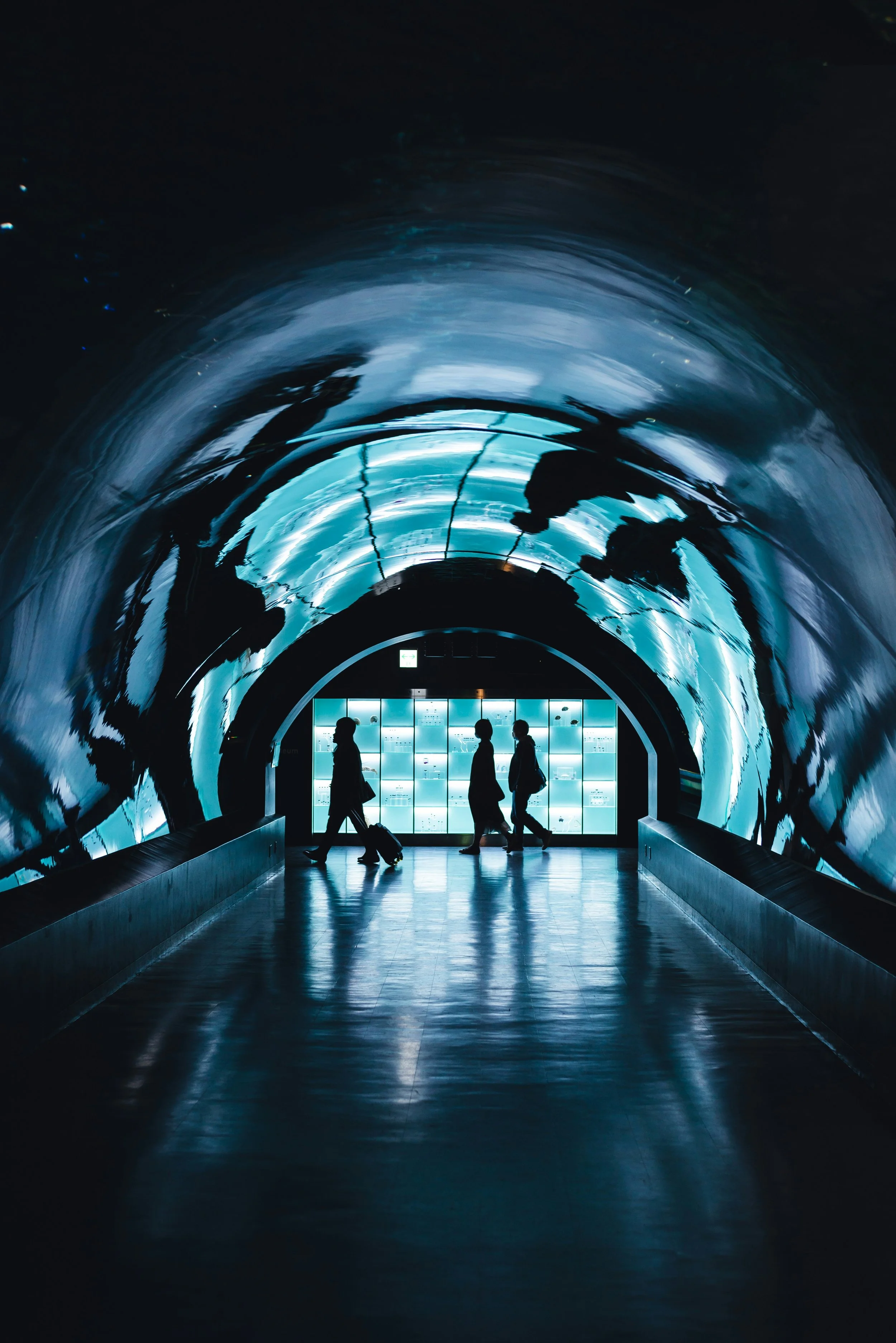 People walking through a illuminated underground tunnel with a reflective shiny floor, silhouette of travelers with luggage, and a bright exit sign in the distance.