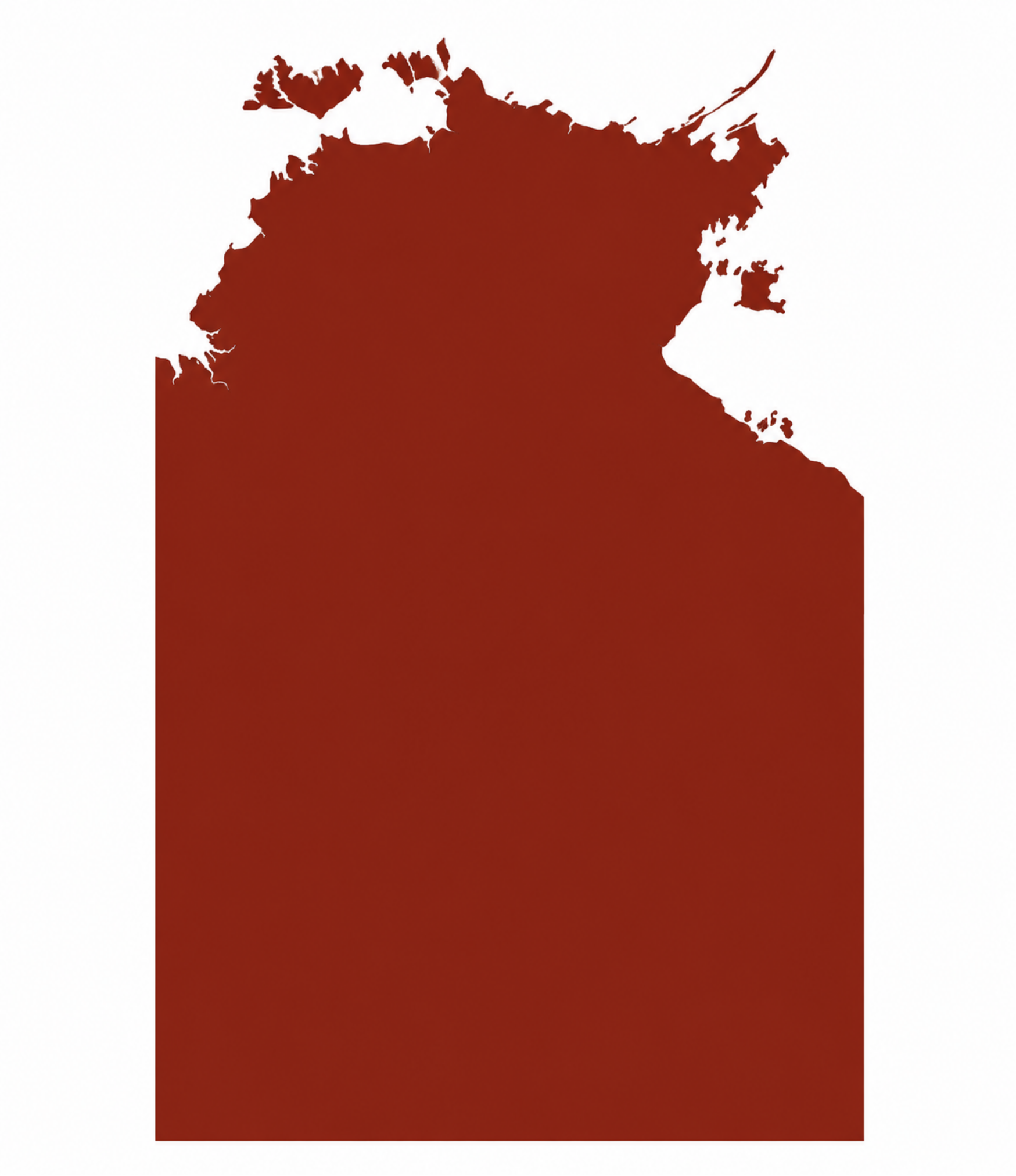 A dark red silhouette map of the country of Greenland with a snow-covered landscape and icebergs.