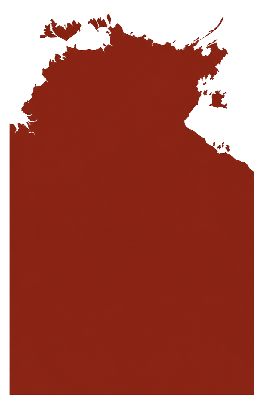 Map outline of Alaska in reddish-brown color with geographical features