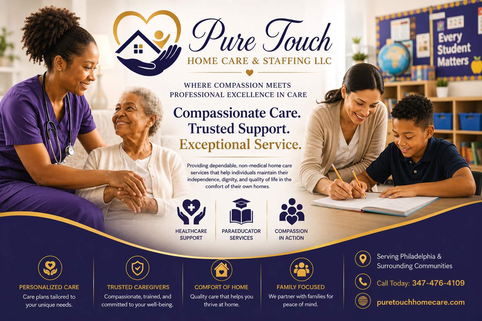 A flyer for Pure Touch Home Care & Staffing LLC featuring images of healthcare workers caring for elderly and children, with text about their services and contact information.