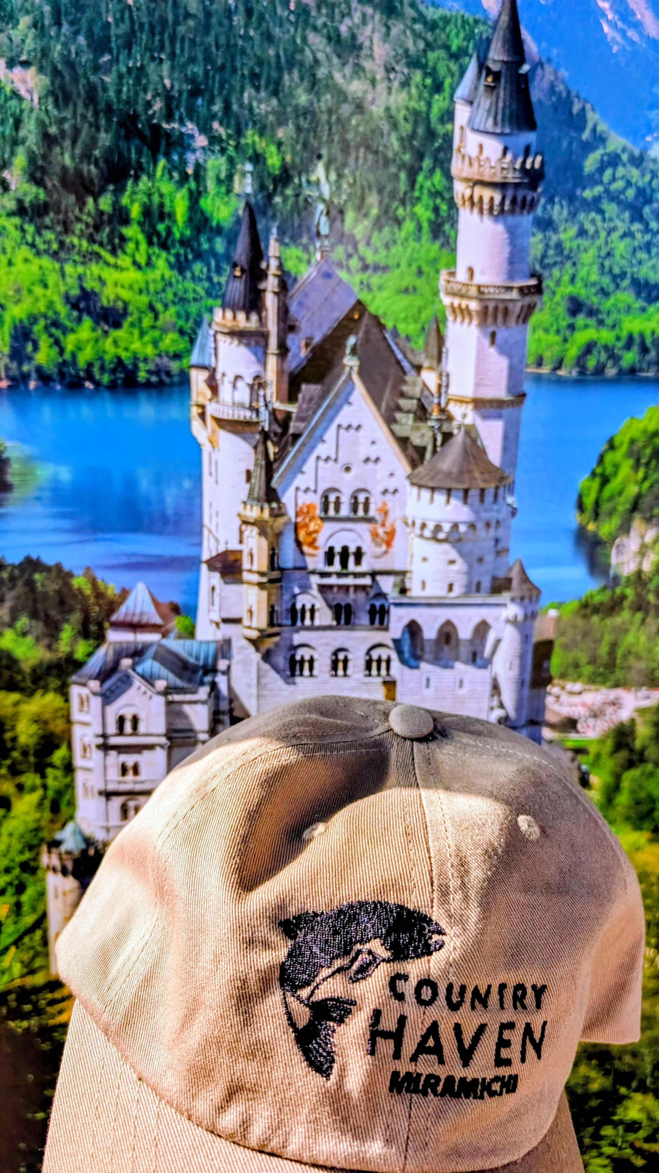 Hat in front (of poster) of 'Schloss Neuschwanstein' in Germany