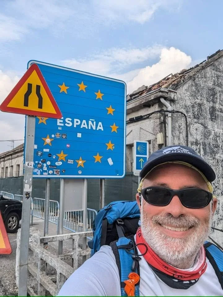 Hat and Paul hiking on the Camino de Santiago in Portugal and Spain