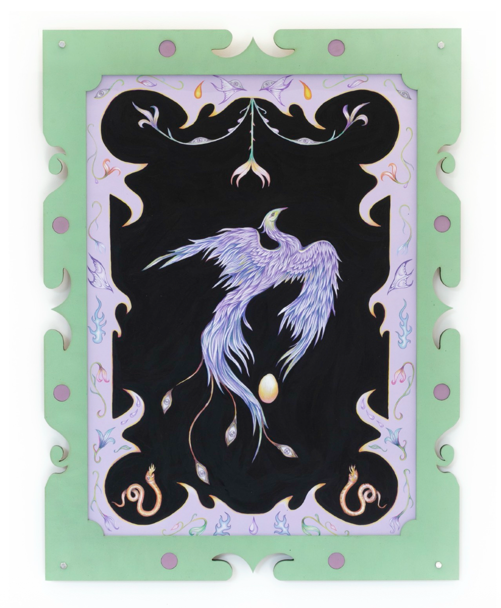 'Phoenix With The Golden Egg', 2023, watercolour, acrylic and colour pencil on paper in a wooden frame, painted with acrylic paint, 69 × 52 × 1.2 cm