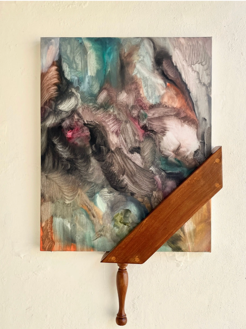 Wisnu Auri 'Quotes_9 A world of feelings hidden in every layer #2' 2026, oil paint on mixed linen cotton canvas, teak, 67 x 42 x 5 cm