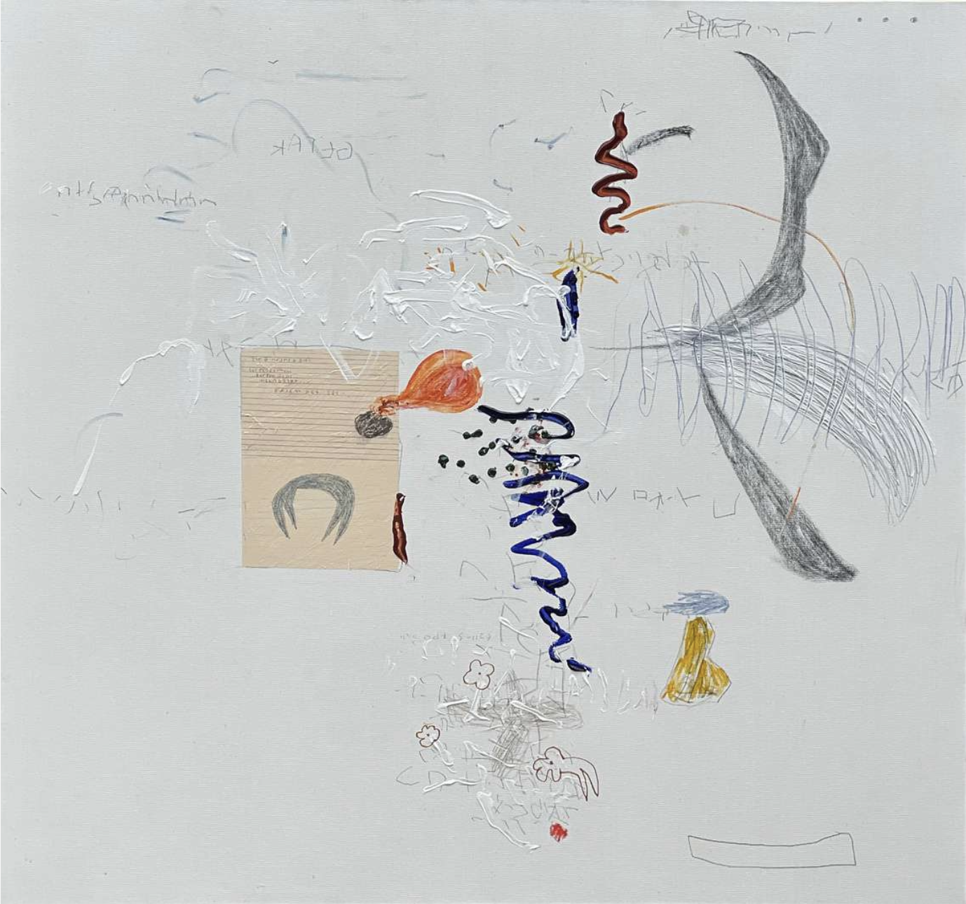 Iabadiou Piko, 'Membaca Diri (Catatan, Halaman, Coretan)', 2026, acrylic, pencil, colour pencil, charcoal, marker, decorfin, oil bar, oil pastel, relief paint on linen blend, 150 x 160 cm