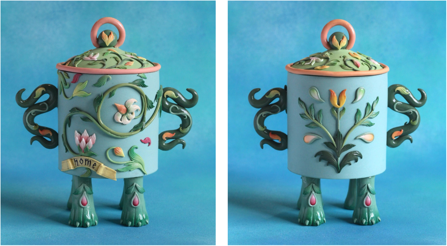 'The Decorated House Snuff Bottle', 2025, polymer clay, jesmonite, chalk, gloss, 16 x 17 x 12 cm

