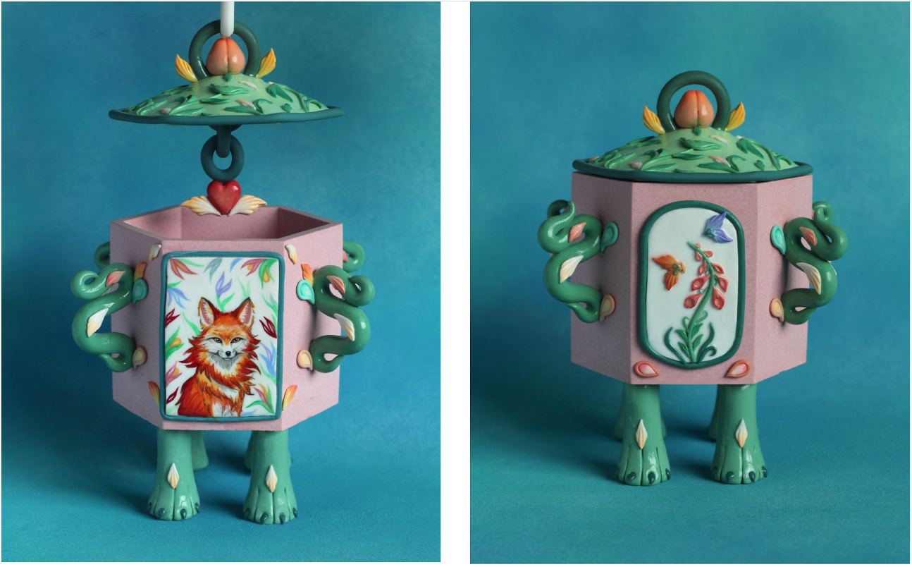 'The Glowing Fox Snuff Bottle', 2025, jesmonite, polymer clay, chalk, acrylic paint, gloss, 16 x 18 x 10 cm 
