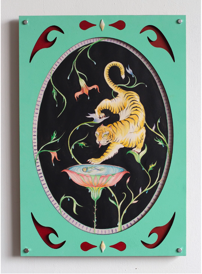 'Tiger at Midnight', 2023, watercolour and acrylic on Fabriano paper in a handmade MDF frame, finished acrylic emulsion and clay detailing, 32 x 46 x 2 cm

