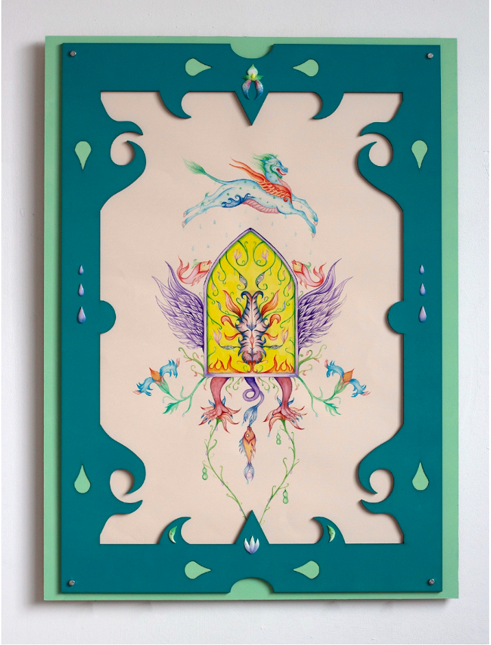 'The Golden Arch Window', 2022, watercolour on Fabriano Rosaspina paper in a laser cut MDF frame, painted with acrylic emulsion and finished with clay details, 61 x 83 x 2 cm


