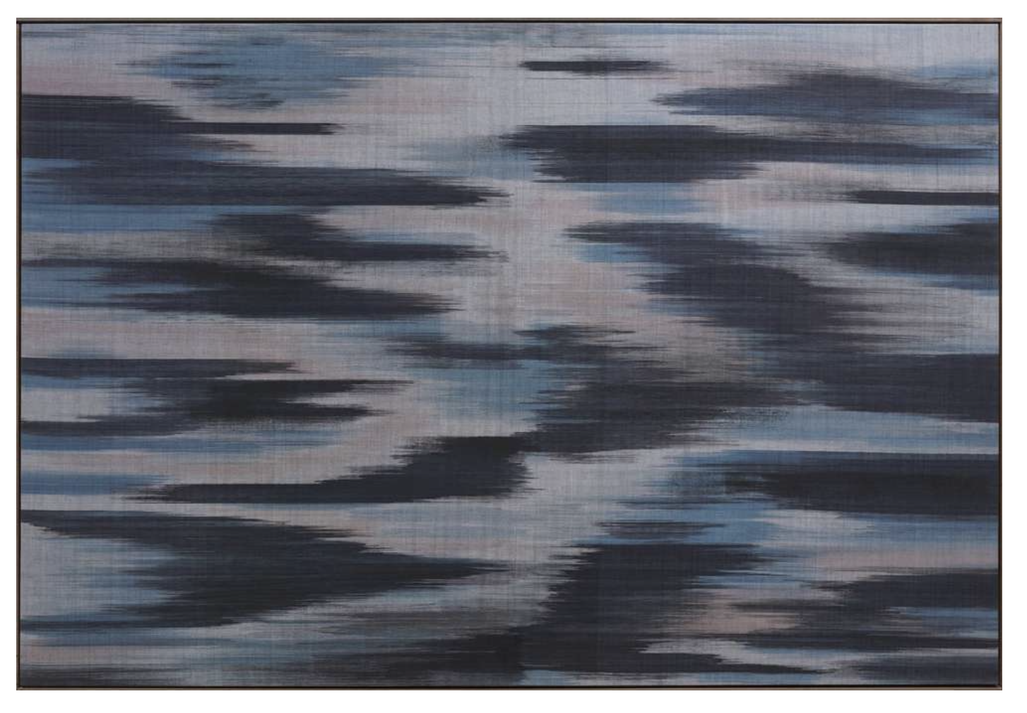 A. Sebastianus, 'Di’antara langit dan bumi, laut tak pernah diam.' 2026, handwoven indigo and volcanic charcoal dyed Ikat on teak frame, 150 x 100 cm