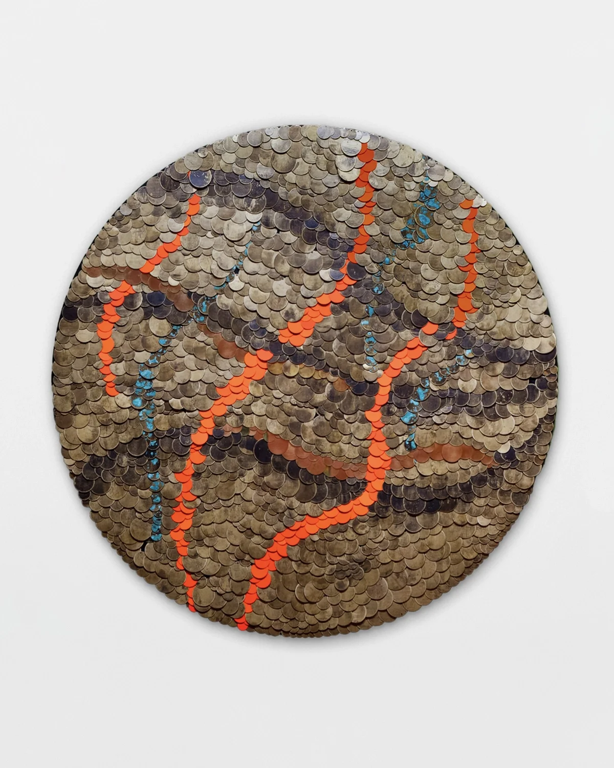 Tuan Andrew Nguyen 'Drift Glitch', 2026, pounded brass from artillery shells, enamel paint, patina, acrylic, plywood, metal bracket, ø 120 cm