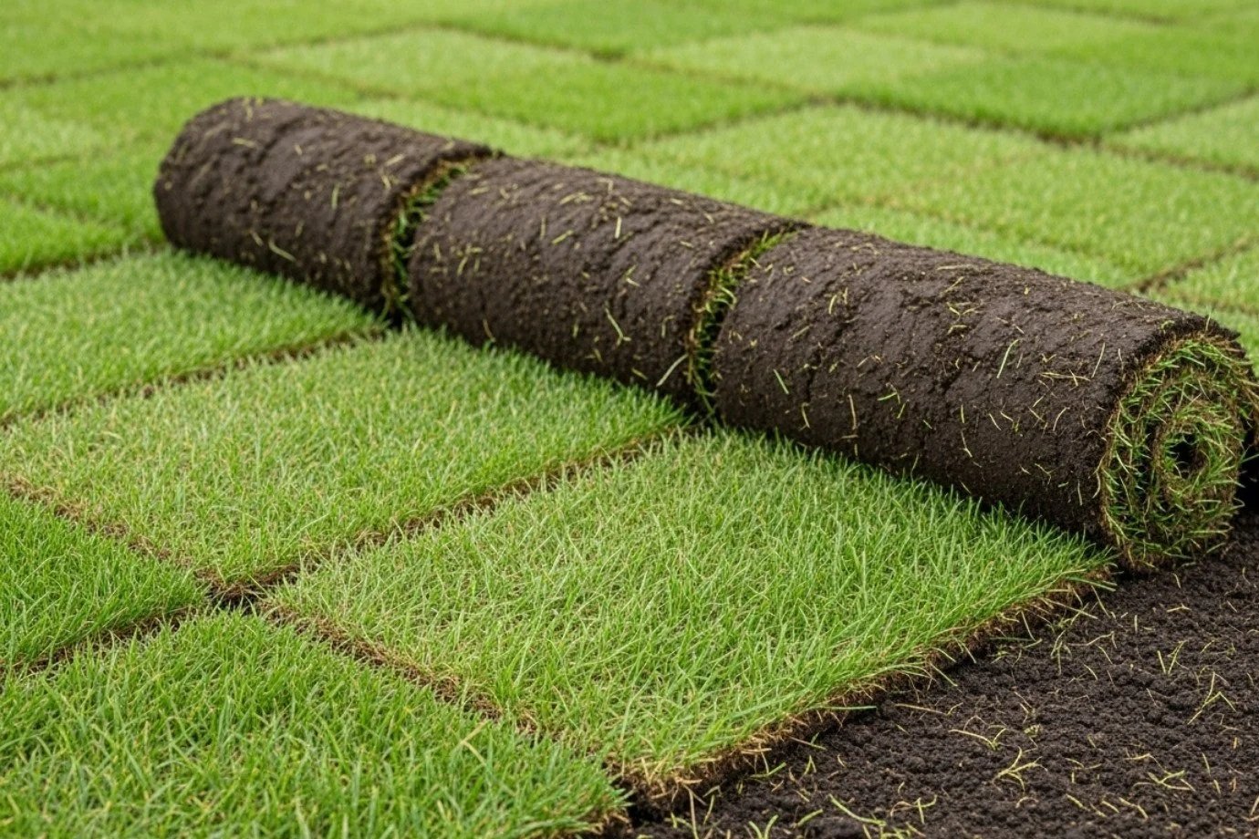 A rolled-up sod turf roll on a grid of freshly laid green grass sod pieces on soil.