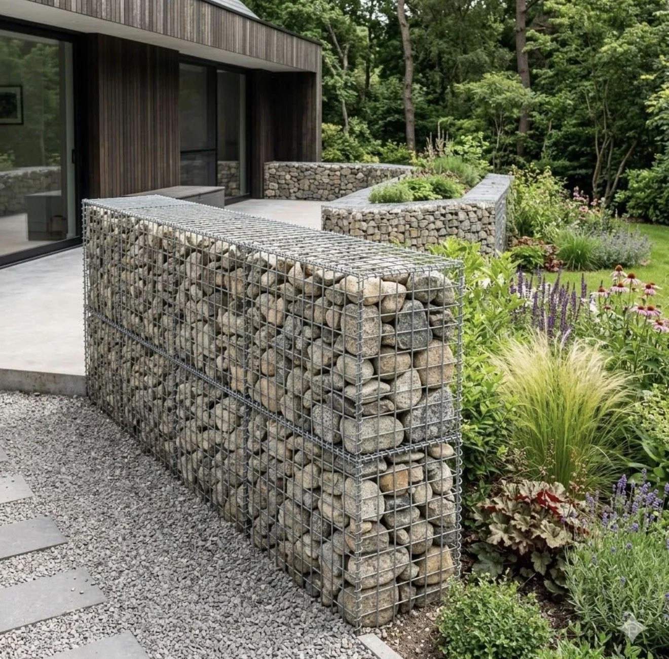 A modern house with a garden featuring gabion walls filled with stones. The house has sliding glass doors, wood siding, and a lush green background with various plants and flowers.