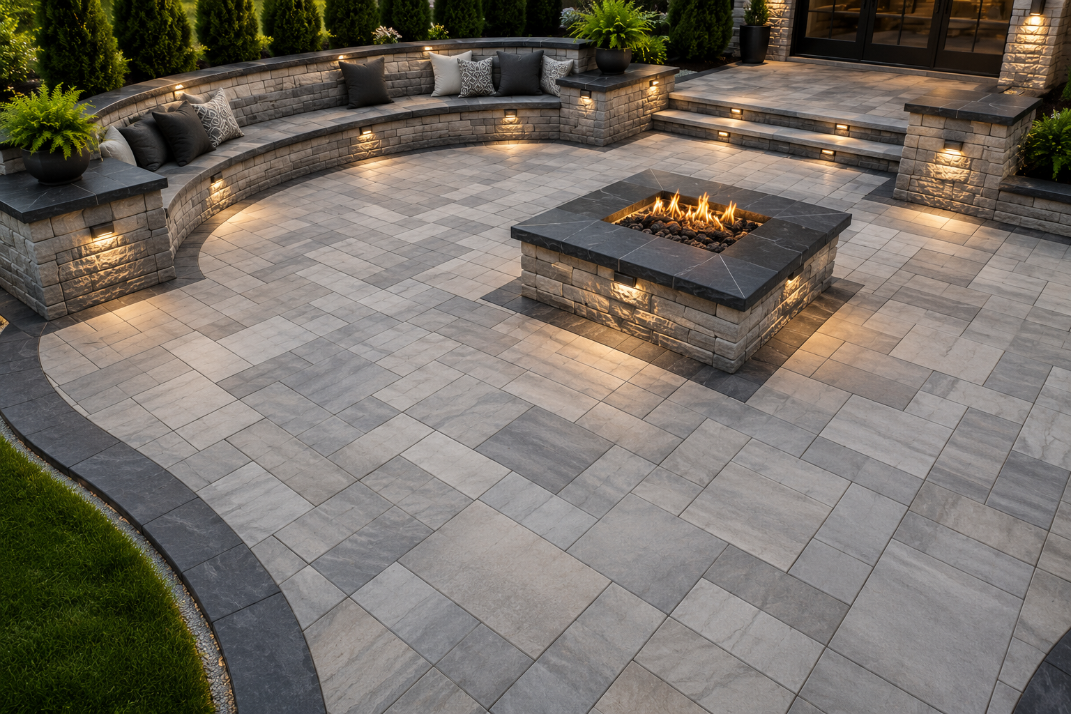 A modern outdoor patio with a fire pit in the center, surrounded by curved seating with cushions and plants, illuminated by embedded lighting in the stone walls and steps.