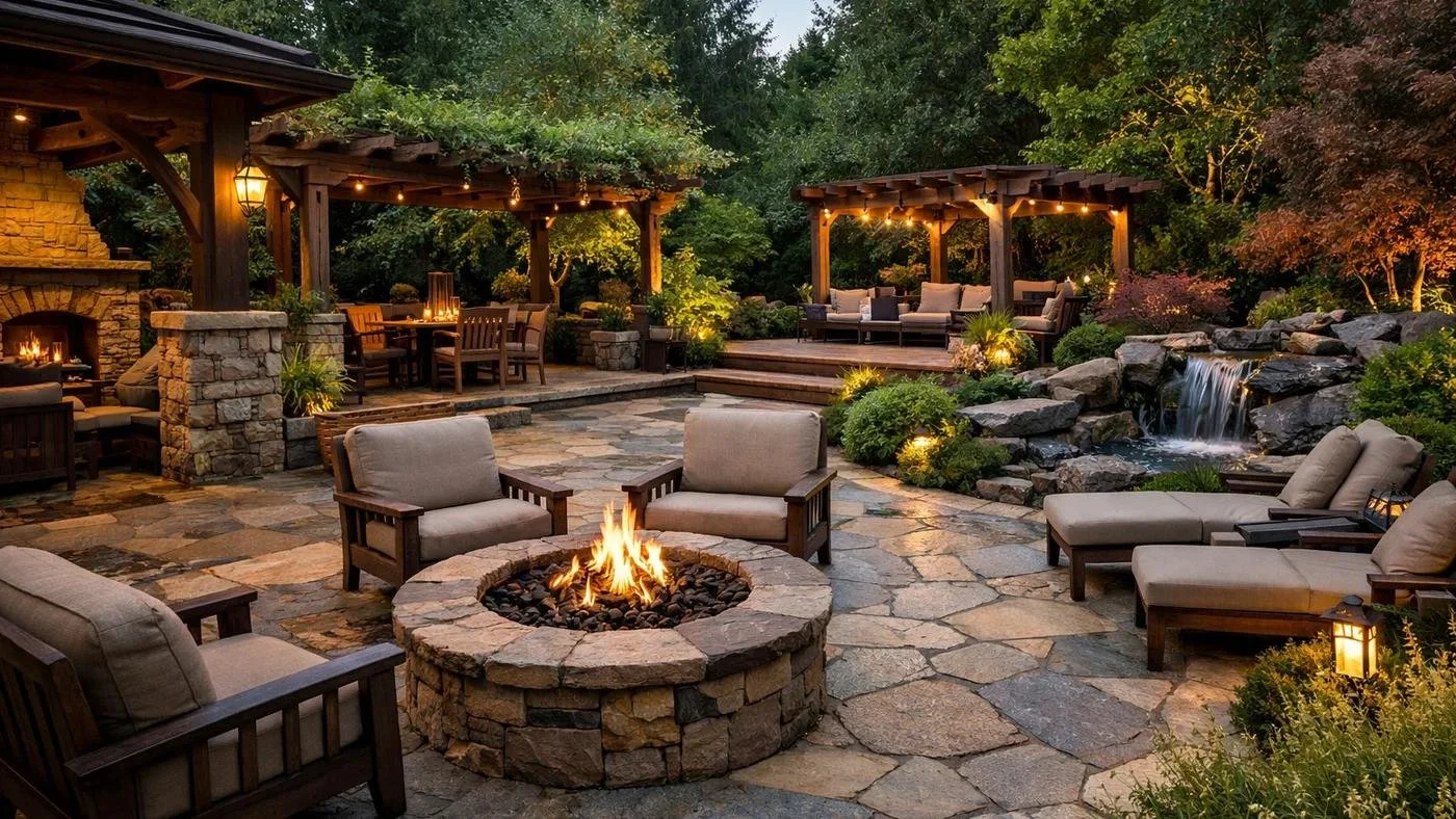 An outdoor patio area with stone flooring, a fire pit with a flame, cushioned lounge chairs, a waterfall feature, and a shaded seating area with string lights and lush greenery.