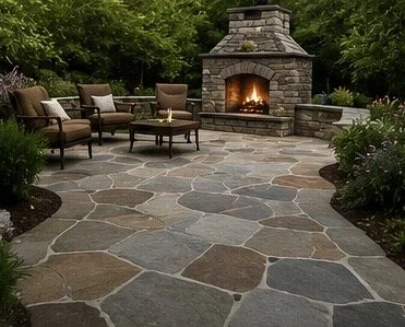 Outdoor patio area with a stone fireplace, surrounded by chairs and lush greenery.