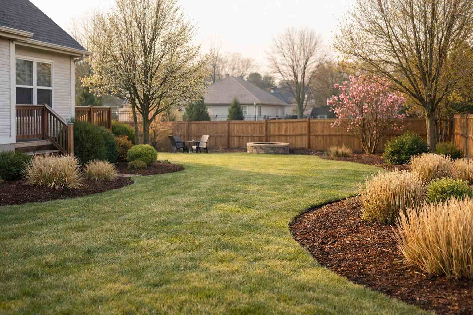 A backyard with a well-maintained lawn, ornamental grass beds, trees, a wooden fence, and patio furniture.