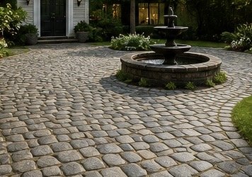 Cobblestone driveway with a central water fountain in front of a house with a black door and windows.