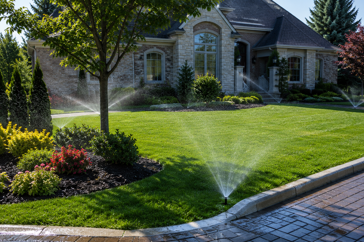 A well-maintained front yard with a lush green lawn, garden beds with colorful flowers and shrubs, a tree, and a house in the background with large windows and a brick and stone exterior. The lawn features several sprinklers watering the grass, and there is a brick pathway along the edge of the yard.