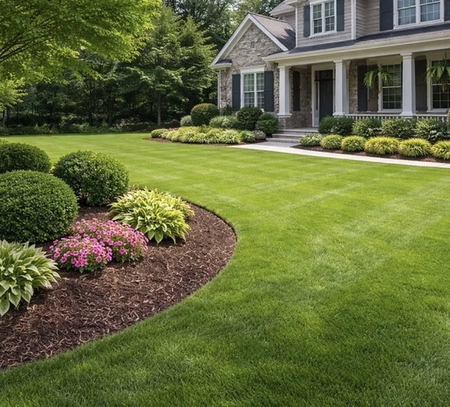 Well-maintained front yard with lush green grass, trimmed bushes, and flowering plants in front of a suburban house.