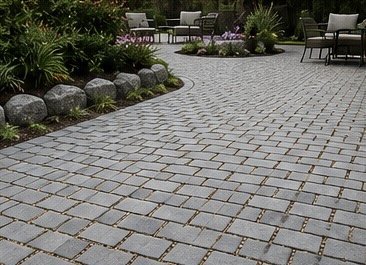 Paved outdoor area with brick pathway, garden plants, rocks, and outdoor furniture in the background.