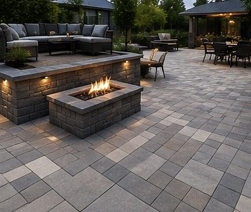 Outdoor patio with a fire pit, seating area, and dining tables set on patterned stone pavers.