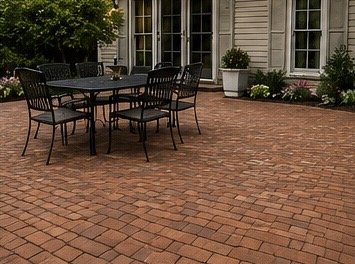Outdoor patio with a black table and six matching chairs, brick flooring, potted plants, and a house with large windows in the background.