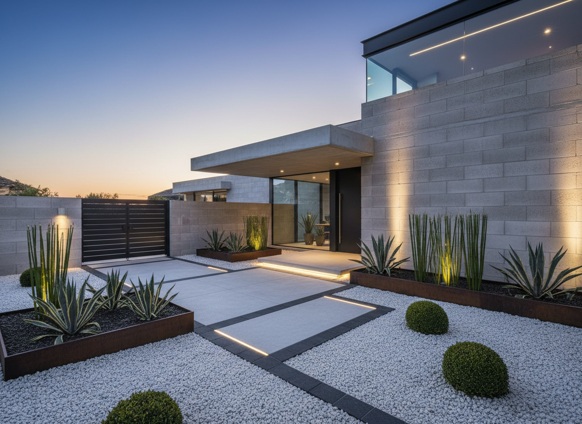 Modern house exterior with a minimalist landscaped front yard featuring agave plants, small round bushes, white gravel, and an illuminated pathway at dusk.