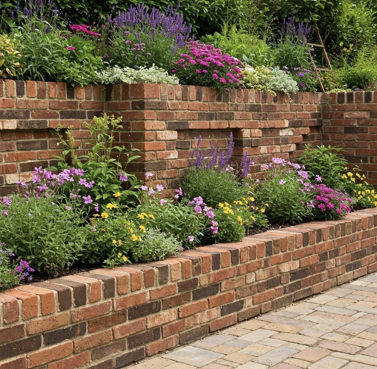 A multi-tiered brick garden bed filled with purple, pink, yellow, and white flowers, with a brick sidewalk in the foreground.