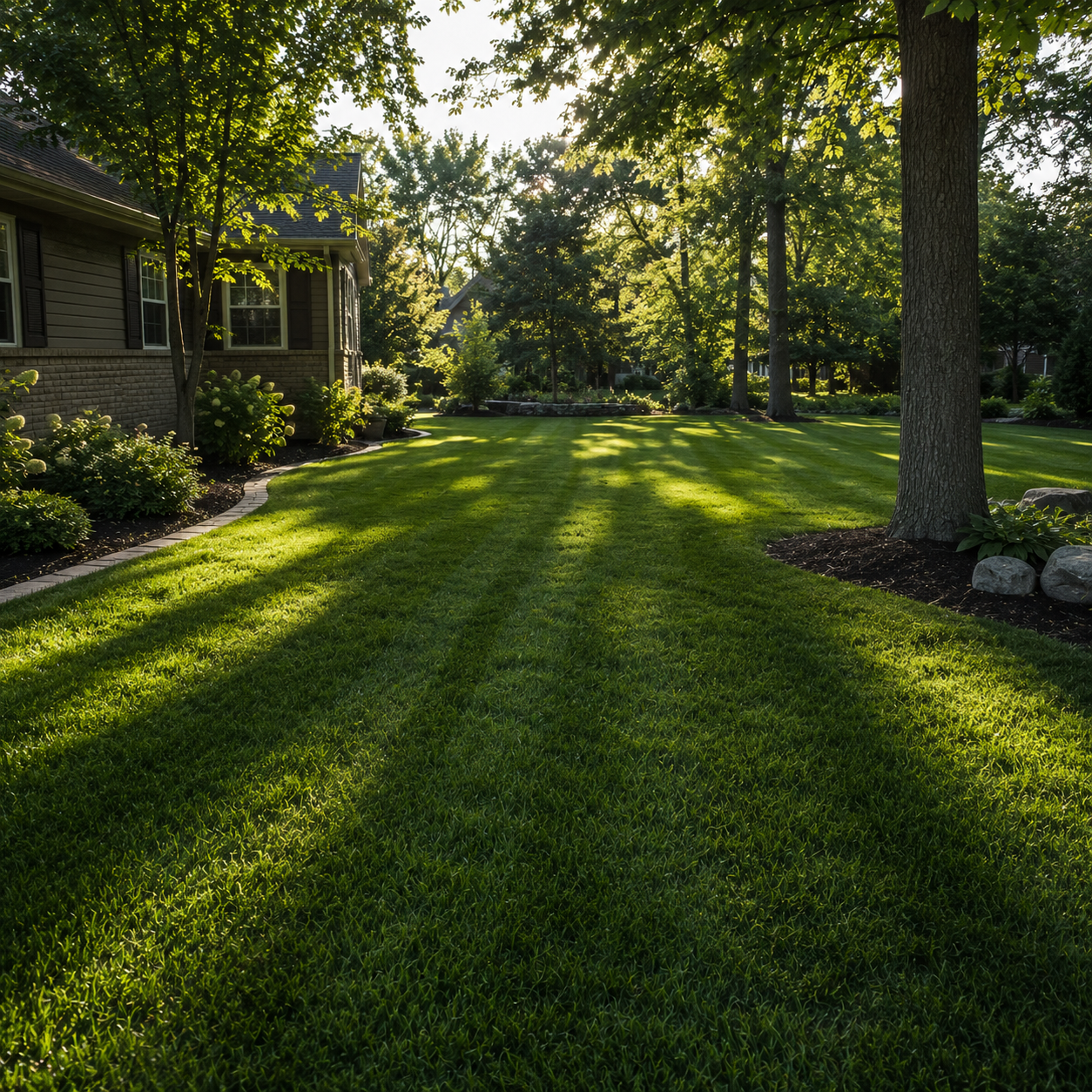 Sunlit backyard with a well-manicured lawn, trees, and landscaping near a house.