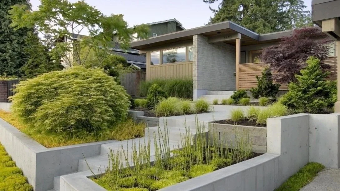 Modern residential house with landscaped front yard featuring various green shrubs, small trees, and tiered concrete garden beds.