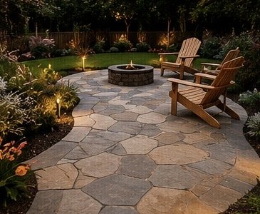 Backyard patio with stone pathway, Adirondack chairs, and a fire pit, surrounded by plants and garden lighting.