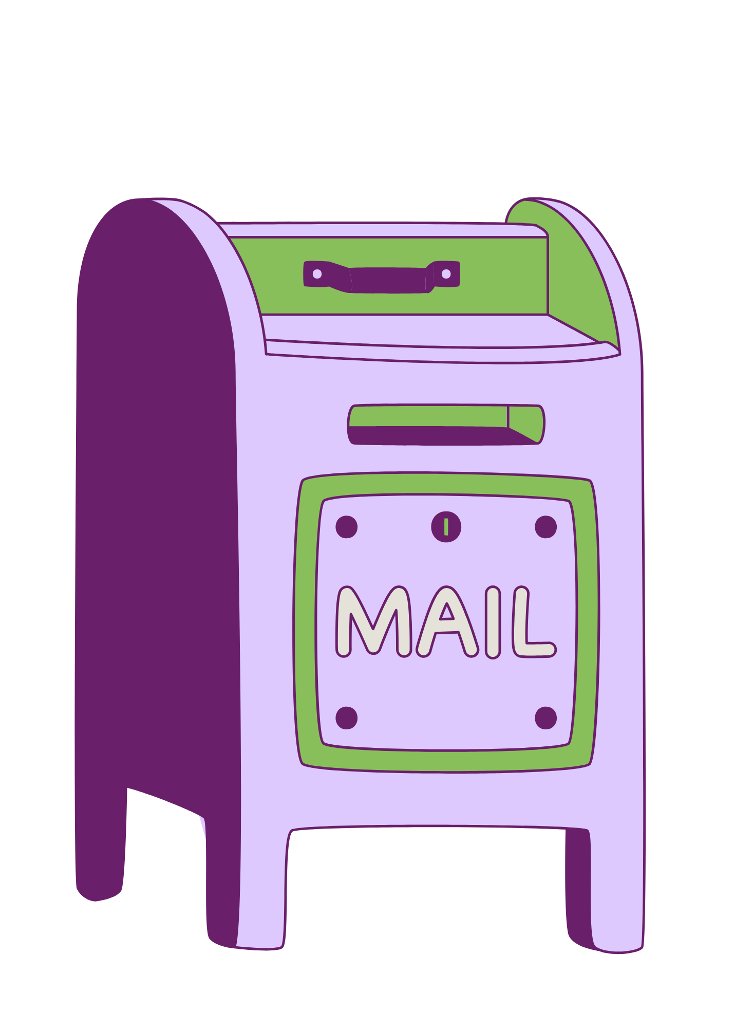 A stylized illustration of a purple and green mailbox on a purple stand with a slot labeled "MAIL".