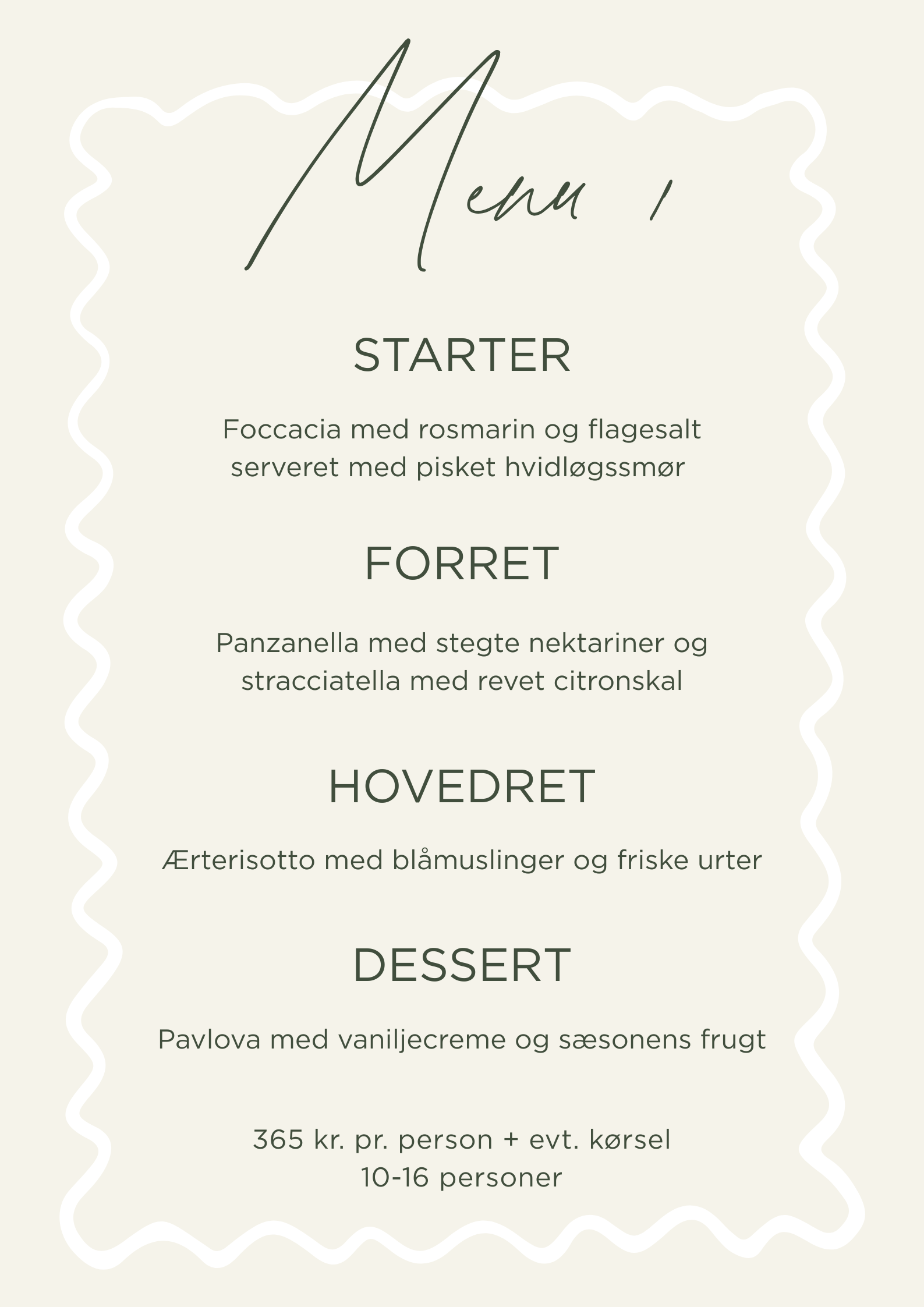 Menu side med sektioner for forret, hovedret, dessert og priser, designet med blød creme baggrund og grøn tekst