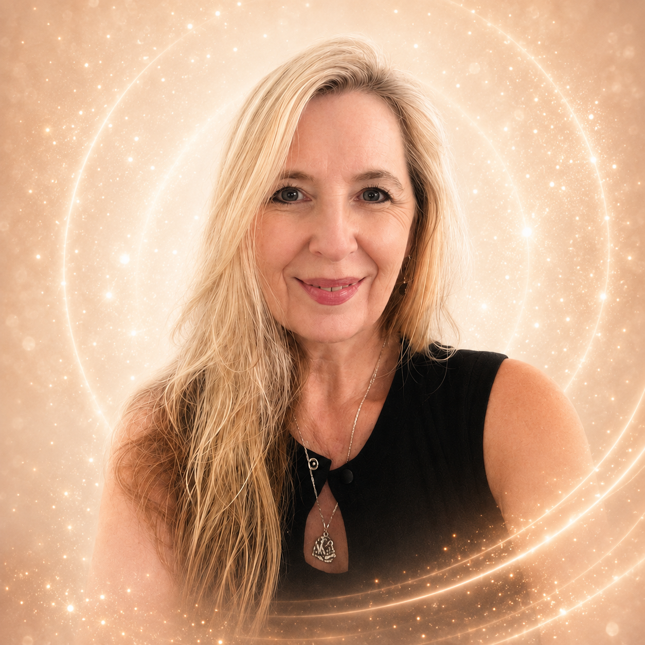 A woman with long blonde hair, light skin, and blue eyes smiling, wearing a black sleeveless top and silver necklace with a pendant, against a golden, sparkling, abstract background with swirling light effects.