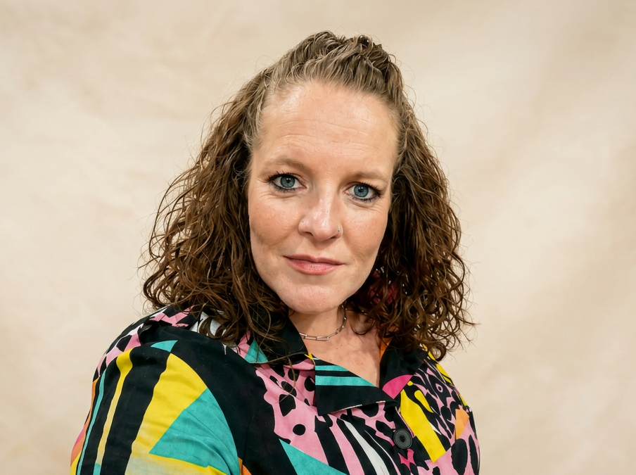 A woman with curly, shoulder-length hair and blue eyes, wearing a colorful, patterned shirt with black, pink, yellow, and teal. She is looking at the camera with a slight smile against a beige background.