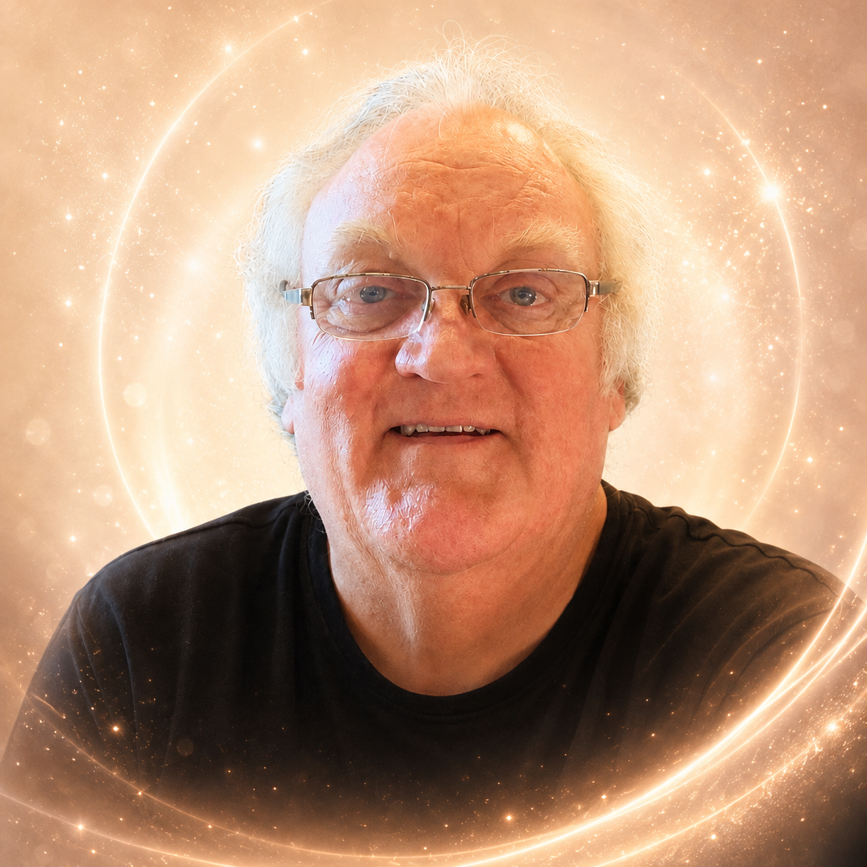 A middle-aged man with white hair and glasses smiling, with a glowing, starry, golden background.